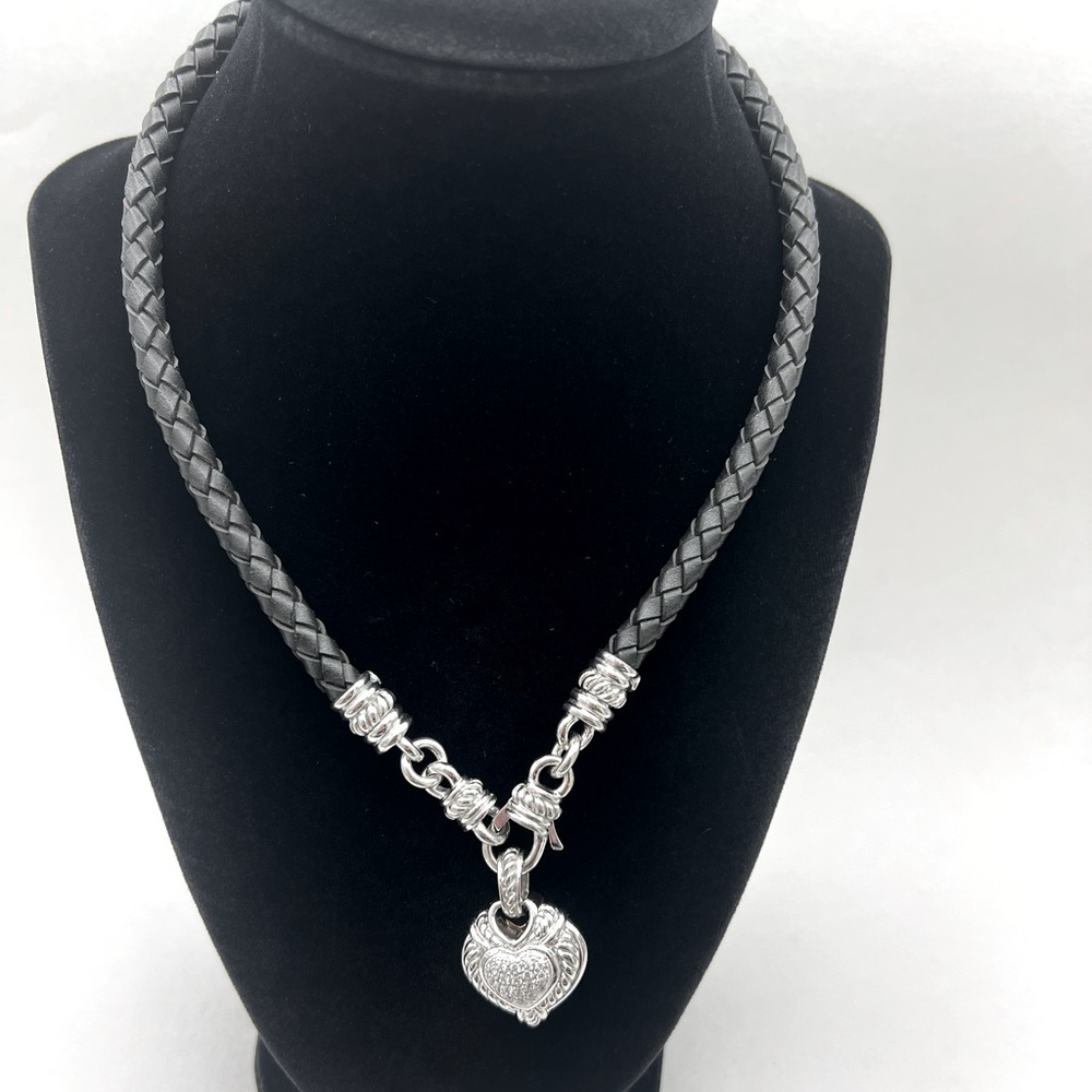 EUC Judith Ripka Leather Magnetic Cord Necklace with Diamonique Heart Pendant